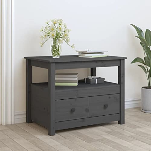 ULUYYUC Couchtisch Grau Massivholz Kiefer Beistelltisch 71x49x55 cm mit Schubladen und Ablage, Stabiles Design für Wohnzimmer von ULUYYUC