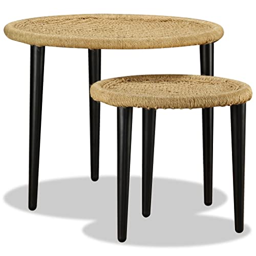 ULUYYUC Couchtisch-Set 2-TLG. Naturjute Beistelltisch mit Stahlgestell für Wohnzimmer Handgefertigt in Beige 59x47 cm und 40x39 cm Rustikales Design von ULUYYUC