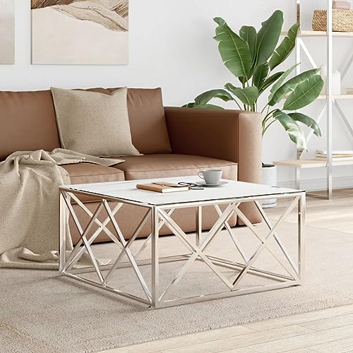 ULUYYUC Couchtisch Silbern 80x80x40 cm Edelstahl und Hartglas mit weißer Marmor-Optik, Robuster Moderner Beistelltisch für Wohnzimmer und Schlafzimmer von ULUYYUC