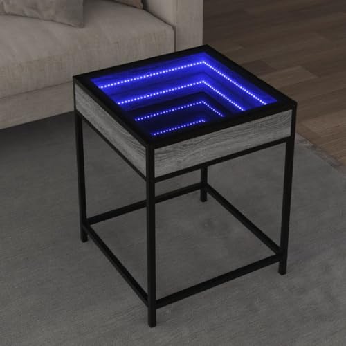 ULUYYUC Couchtisch mit Infinity LED Spiegel Grau Sonoma 40x40x51 cm Beistelltisch oder Nachttisch mit RGB Beleuchtung von ULUYYUC