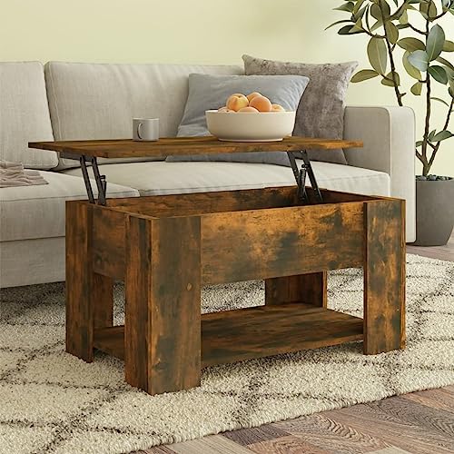 ULUYYUC Höhenverstellbarer Couchtisch Beistelltisch aus Holzwerkstoff in Räuchereiche 79x49x41 cm mit Verstecktem Stauraum Modernes Design für Wohnzimmer Schlafzimmer oder als Esstisch von ULUYYUC