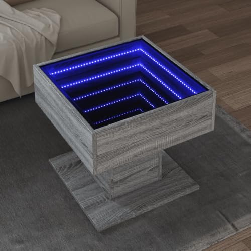ULUYYUC LED Couchtisch Grau Sonoma 50x50x45 cm Holzwerkstoff mit Infinity-Spiegel RGB-Beleuchtung für Wohnzimmer Schlafzimmer als Beistelltisch oder Ablagetisch von ULUYYUC