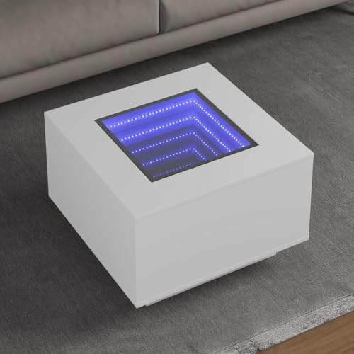 ULUYYUC LED Couchtisch Weiß mit Infinity Spiegel 60x60x40 cm Holzwerkstoff RGB Beleuchtung vielseitig für Wohnzimmer und Schlafzimmer von ULUYYUC