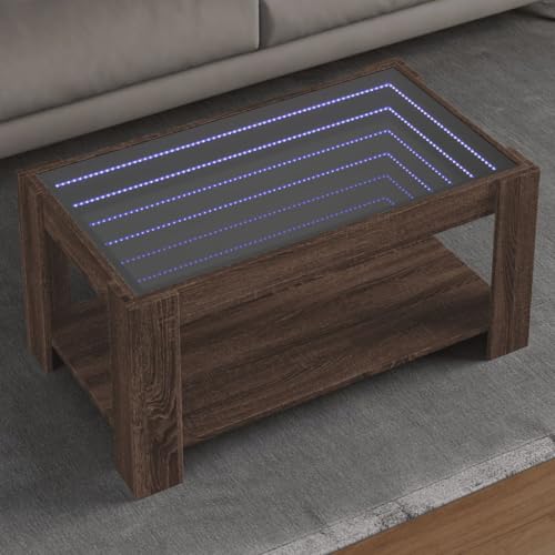 ULUYYUC LED Couchtisch mit Infinity Spiegel Braun Eichenoptik Holzwerkstoff 93x53x45 cm Beistelltisch für Wohnzimmer Schlafzimmer von ULUYYUC