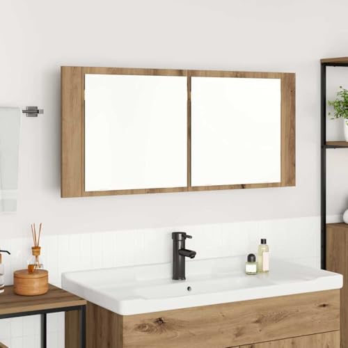 ULUYYUC LED Spiegelschrank 100x12x45 cm Artisan Oak Holzwerkstoff mit Blauer Beleuchtung Moderne Badschrank Kommode für kleine Badezimmer von ULUYYUC