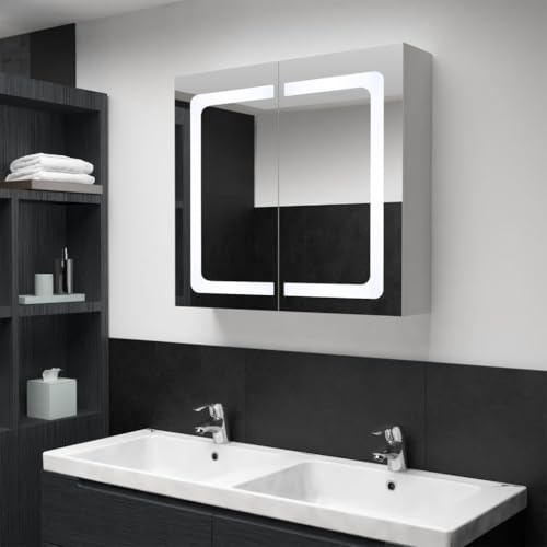 ULUYYUC LED-Spiegelschrank 80x12,2x68 cm Weiß/Silber Badezimmerschrank mit 3 Böden Melamin MDF Badmöbel mit 5 V USB Anschluss Modernes Design für Badezimmer Gäste WC von ULUYYUC