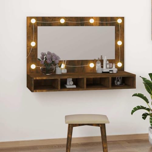 ULUYYUC LED Spiegelschrank Räuchereiche 90x31,5x62 cm mit Farbtemperaturumschaltung und 4 Ablagefächern Modernes Badmöbel Kommode oder Wandmontage für Badezimmer Schlafzimmer Flur von ULUYYUC