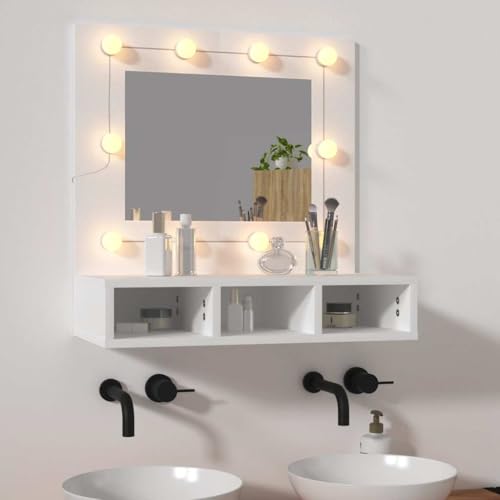ULUYYUC LED Spiegelschrank Weiß 60x31,5x62 cm mit Farblichtwechsel platzsparend als Badschrank oder kleines Sideboard für Badezimmer Schlafzimmer Flur von ULUYYUC