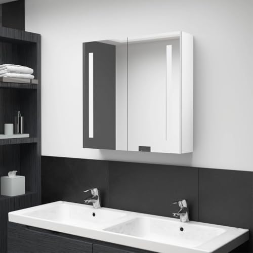 ULUYYUC LED Spiegelschrank Weiß Hochglanz 62x14x60 cm MDF Badezimmerschrank mit Beleuchtung und 3 Böden Modernes Design für Bad Gäste WC und Flur von ULUYYUC