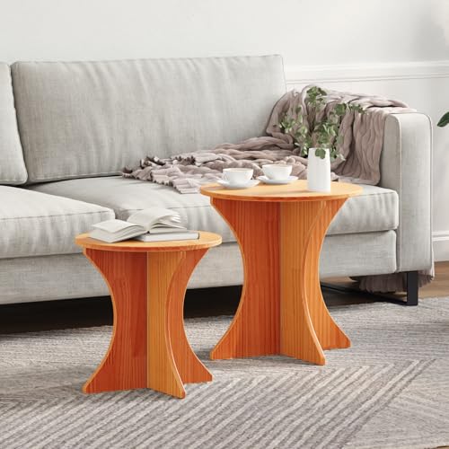 ULUYYUC Runder Beistelltisch Couchtisch Set 2 Stück Braun Massivkiefer Holz 46x46x47 cm Rustikales Design Stabil für Wohnzimmer Flur und Schlafzimmer von ULUYYUC