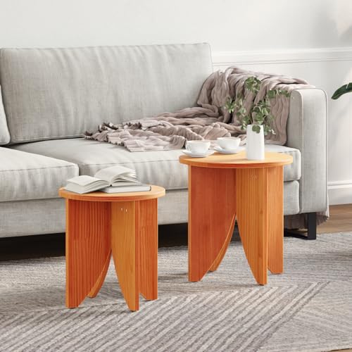 ULUYYUC Runder Couchtisch Beistelltisch Set 2 Stück Massiv Kiefer Wachsbraun 41,5 cm Durchmesser 44 cm Höhe Rustikales Design Kompakt für Wohnzimmer Kleine Räume von ULUYYUC