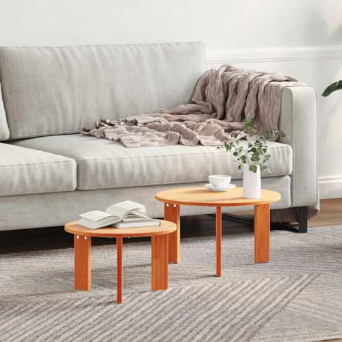 ULUYYUC Runder Couchtisch Set 2-TLG Beistelltisch Massivholz Wachsbraun 47,5 cm Nesting Möbel für Wohnzimmer mit Modernem Design von ULUYYUC