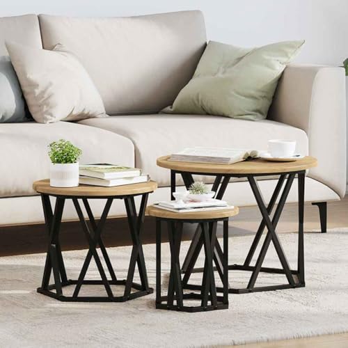 ULUYYUC Satztische 3 Stück Beistelltisch Couchtisch Rund Eiche Massivholz Braun Matt für Wohnzimmer Set mit Metallgestell von ULUYYUC