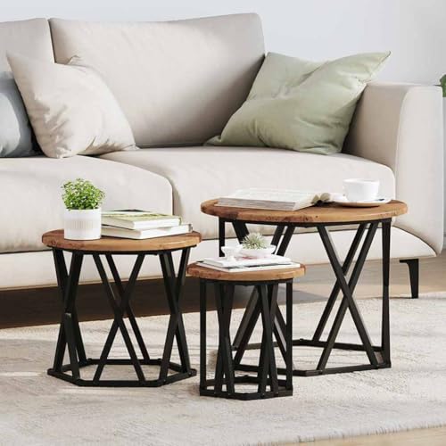 ULUYYUC Satztische 3er Set Rund Beistelltisch Couchtisch Altholz Rustikal Braun für Wohnzimmer Platzsparend Stapelbar von ULUYYUC