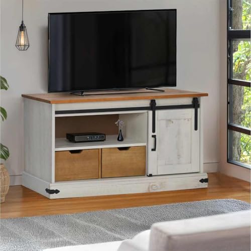 ULUYYUC TV Schrank Halden Weiß 110x40x60 cm Massivholz Kiefer mit Schiebetür und Schubladen Stauraum für Wohnzimmer Schlafzimmer Flur von ULUYYUC