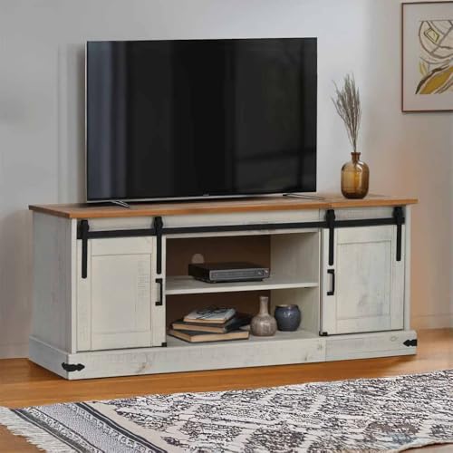 ULUYYUC TV Schrank Halden Weiß 150x40x60 cm Massivholz Kiefer 2 Schiebetüren mit Ablage Stauraum für Wohnzimmer Schlafzimmer Flur von ULUYYUC