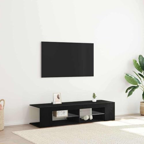 ULUYYUC TV Schrank Schwarz Eiche Moderner TV Unterschrank mit LED Beleuchtung 135x39x30 cm Holzwerkstoff Glas Regal Stauraum für Wohnzimmer von ULUYYUC
