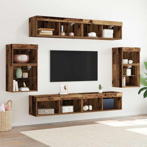 ULUYYUC TV Schrank Set Wandregal aus Holzwerkstoff mit LED Beleuchtung Braun Rustikales Design 40x28.5x40 cm für Wohnzimmer von ULUYYUC