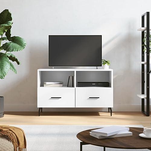 ULUYYUC TV Schrank Weiß 80x 36 x 50 cm Holzwerkstoff mit Eisenbeinen Geräumiger Stauraum für Wohnzimmer TV Board von ULUYYUC