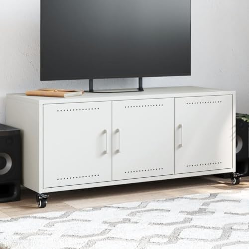 ULUYYUC TV Schrank Weiß Kaltgewalzter Stahl 100,5 x 39 x 43,5 cm Modernes Design mit 3 Türen und Rollen für Wohnzimmer von ULUYYUC