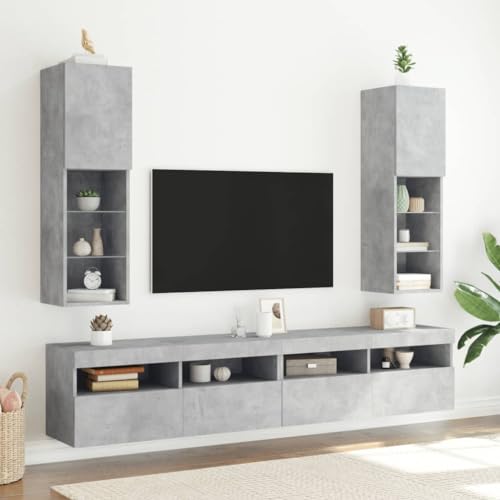 ULUYYUC TV Schrank mit LED Beleuchtung 2 Stück Betongrau Holzwerkstoff Glas 30,5 x 30 x 102 cm Moderner Fernsehschrank mit RGB Licht für Wohnzimmer von ULUYYUC