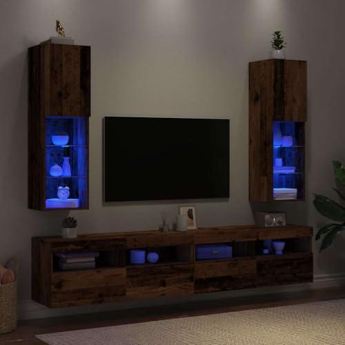 ULUYYUC TV Schrank mit RGB LED Beleuchtung 2 Stück Holzwerkstoff Altholz Optik 30,5 x 30 x 102 cm Stauraum Möbel für Wohnzimmer Schlafzimmer von ULUYYUC