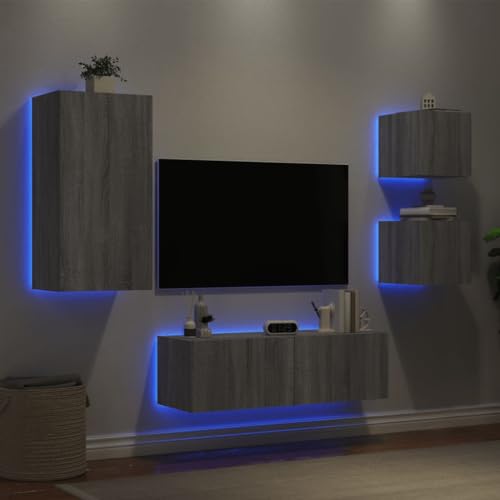 ULUYYUC TV Wandschrank Grau Sonoma Holzwerkstoff mit RGB LED Beleuchtung 4 teilig Hängend für Wohnzimmer von ULUYYUC