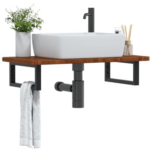 ULUYYUC Wand-Waschtischplatte 80x40 cm Massivholz Eiche Dunkelbraun mit Schwarzen Stahlhalterungen 100 kg Belastbar Modern Langlebig für Badezimmer Gäste-WC Badmöbel von ULUYYUC