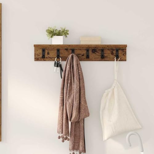 ULUYYUC Wandmontierter Garderobenständer Altholz 60 x 10.5 x 10.5 cm Modernes Design mit Robusten Metallhaken und Integriertem Regal für Flur Eingangsbereich und Wohnzimmer von ULUYYUC