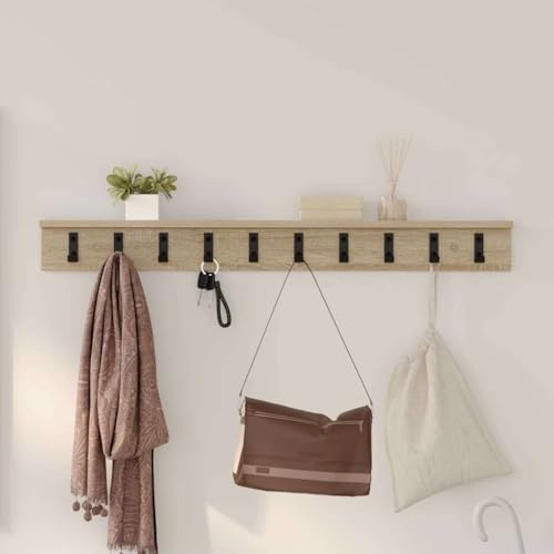 ULUYYUC Wandmontierter Garderobenständer Sonoma Eiche 100 x 10.5 x 10.5 cm Modernes Design mit Robusten Metallhaken und Integriertem Regal für Flur Eingangsbereich und Wohnzimmer von ULUYYUC