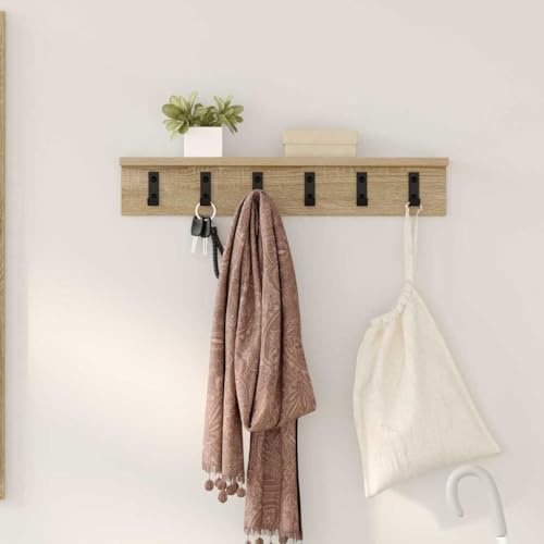 ULUYYUC Wandmontierter Garderobenständer Sonoma Eiche 60 x 10.5 x 10.5 cm Modernes Design mit Robusten Metallhaken und Integriertem Regal für Flur Eingangsbereich und Wohnzimmer von ULUYYUC