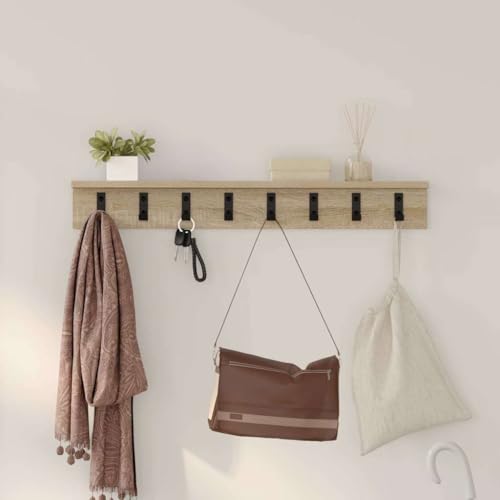 ULUYYUC Wandmontierter Garderobenständer Sonoma Eiche 80 x 10.5 x 10.5 cm Modernes Design mit Robusten Metallhaken und Integriertem Regal für Flur Eingangsbereich und Wohnzimmer von ULUYYUC