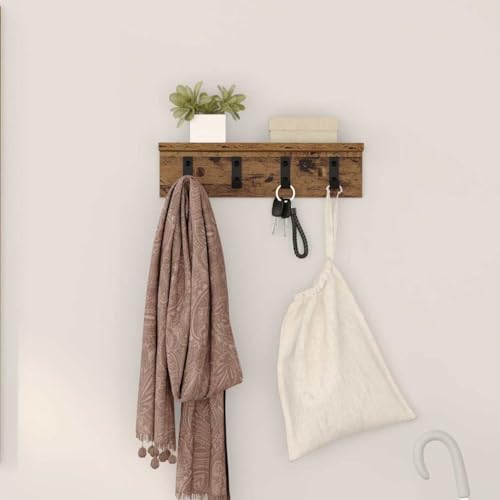 ULUYYUC Wandmontierter Garderobenständer aus Holzwerkstoff 40 x 10.5 x 10.5 cm in Altholz Modernes Design mit Robusten Metallhaken und Integriertem Regal für Flur Eingangsbereich und Wohnzimmer von ULUYYUC