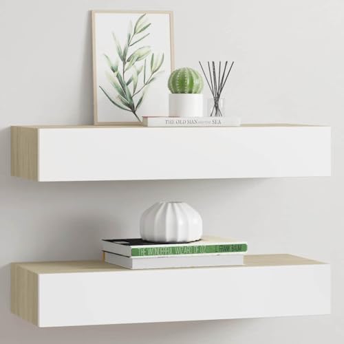 ULUYYUC Wandregal mit Schublade 2 Stück Eichenoptik Weiß 60x23,5x10cm Schwebendes Regal aus MDF und Metall Modernes Design für Wohnzimmer Schlafzimmer und Badezimmer ULUYYUC Wandregal mit Schublade 2 Stück Eichenoptik Weiß 60x23,5x10cm Schwebendes Regal aus MDF und Metall Modernes Design für Wohnzimmer Schlafzimmer und Badezimmer von ULUYYUC