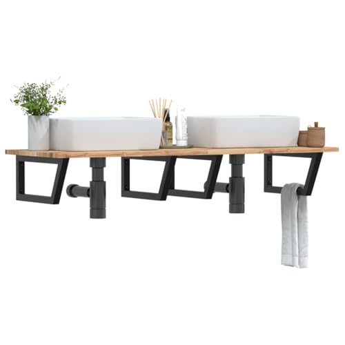 ULUYYUC Waschbeckenregal 120x50 cm Akazienholz & Stahl Schwarz Modernes Badregal Wandmontage mit Trapezform für Handtuch Platzsparendes Badmöbel für Badezimmer Gäste WC & Flur von ULUYYUC
