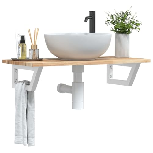 ULUYYUC Waschbeckenregal Wand 60x40x2 cm Akazienholz Weiß Trapezform Tragkraft 100 kg Modernes Badezimmer Sideboard auch als Badregal oder Schmaler Badschrank für kleine Badezimmer und Gäste WC von ULUYYUC