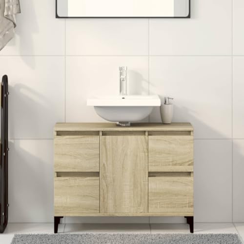 ULUYYUC Waschbeckenunterschrank 80x33x60 cm Sonoma-Eiche Badmöbel mit 4 Schubladen und Tür aus Holzwerkstoff und Metall Stand-Kommode Modernes Design Robuste Struktur für Badezimmer Gäste-WC von ULUYYUC