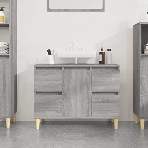 ULUYYUC Waschbeckenunterschrank Grau Sonoma 80x33x60 cm Holzwerkstoff mit 4 Schubladen Eukalyptus-Füßen Modernes Design für Badezimmer Gäste-WC von ULUYYUC