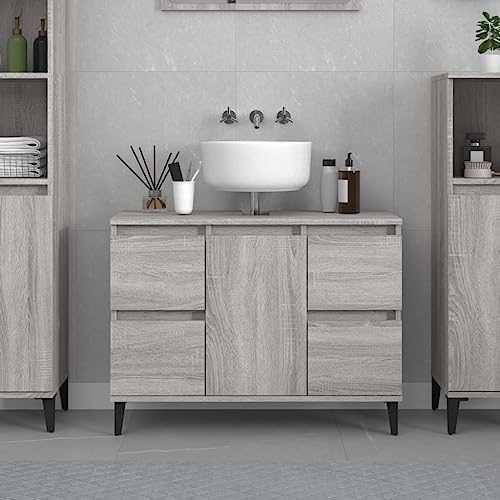 ULUYYUC Waschbeckenunterschrank Grau Sonoma 80x33x60 cm aus Holzwerkstoff mit Metallfüßen, Badezimmerschrank mit 4 Schubladen und Tür, Modernes Design für kleine Badezimmer und Gäste-WC von ULUYYUC