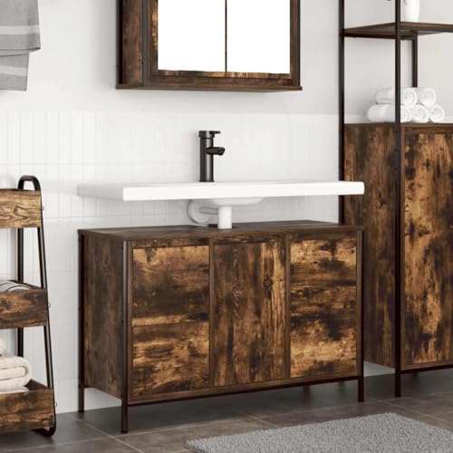 ULUYYUC Waschbeckenunterschrank Räuchereiche 90x34,5x60 cm mit 4 Schubladen badezimmerschrank Modernes Design Starker Holzwerkstoff für kleine Badezimmer von ULUYYUC