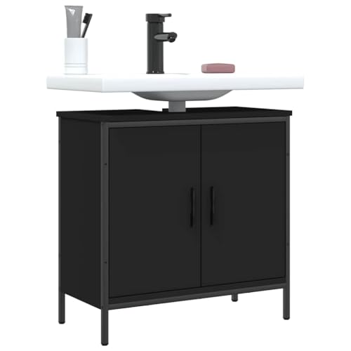 ULUYYUC Waschbeckenunterschrank Schwarz 60x30x60 cm aus Holzwerkstoff und pulverbeschichtetem Stahl Modernes Sideboard mit Siphon-Aussparung Starker Stauraum für kleine Badezimmer Flur und Gäste-WC von ULUYYUC