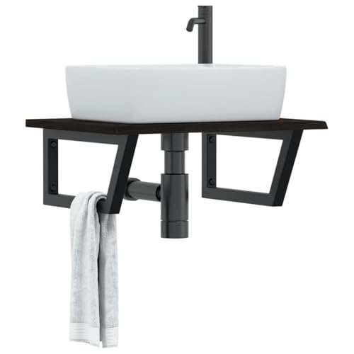 ULUYYUC Waschtisch-Platte 60x50 cm Massiveiche Dunkelbraun mit Schwarzer Stahltrapez-Halterung bis 100 kg Belastbar Modernes Wandboard für Badezimmer & Küche als platzsparender Ablageort von ULUYYUC