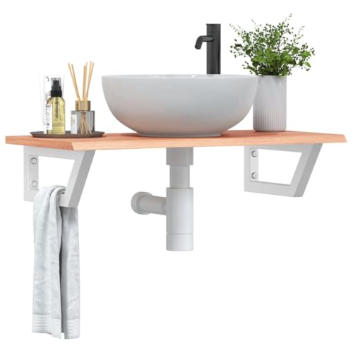 ULUYYUC Waschtisch-Platte 80x40cm aus massiver Eiche mit weißer Stahl-Halterung Trapezform Modernes platzsparendes Badmöbel Robustes Sideboard für Badezimmer und Gäste-WC von ULUYYUC