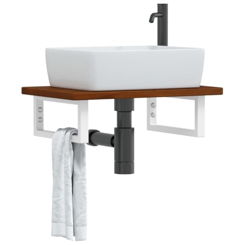 ULUYYUC Waschtischplatte 60x40x2,5 cm Massivholz Eiche mit Stahlhalterung platzsparendes Badezimmer Sideboard in Weiß Dunkelbraun Modernes Design Robust für kleine Badezimmer WC und Gäste-WC von ULUYYUC