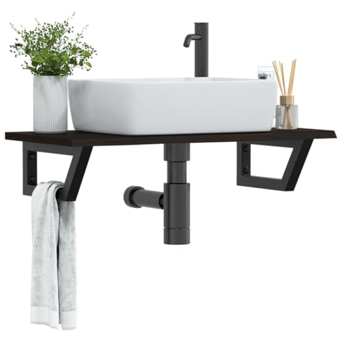 ULUYYUC Waschtischplatte aus Massivholz Eiche 80 x 40 cm mit Stahlhalterung Schwarz Trapezform Modernes Sideboard platzsparendes Badezimmer Regal für kleine Badezimmer Küche und Flur von ULUYYUC