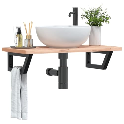 ULUYYUC Waschtischplatte aus massivem Buchenholz 80 x 40 cm mit schwarzem Stahlgestell Trapezform platzsparend 100 kg belastbar Modernes Design für Badezimmer Gäste WC von ULUYYUC