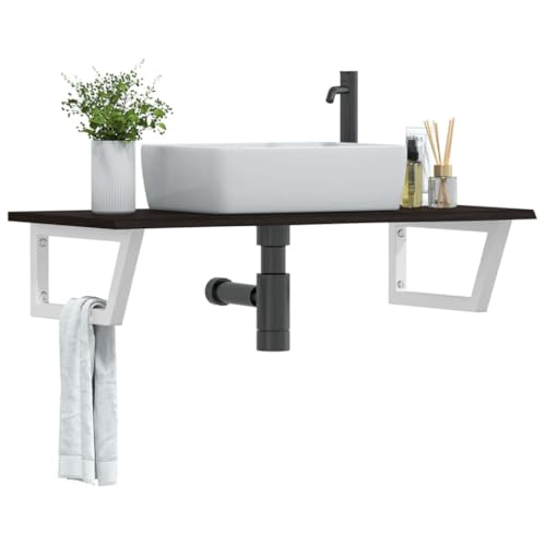 ULUYYUC Waschtischplatte mit Halterung 100x50 cm Eiche Massivholz Dunkelbraun Stahl weiß trapezförmig bis 100 kg belastbar Modernes Design platzsparend für Badezimmer WC Gäste-WC von ULUYYUC