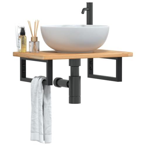ULUYYUC Waschtischplatte mit Halterung 60 x 40 cm Massive Eiche Hellbraun Schwarze Stahlhalterung bis 100 kg belastbar Modernes Design platzsparend für Badezimmer WC und kleine Gästebäder von ULUYYUC