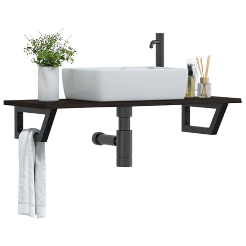 ULUYYUC Waschtischplatte mit Halterung Eiche Holz 100x40 cm Massivholzplatte Schwarze Stahlträger 100 kg Belastbar Modernes Design platzsparend für Badezimmer WC und Gäste WC von ULUYYUC