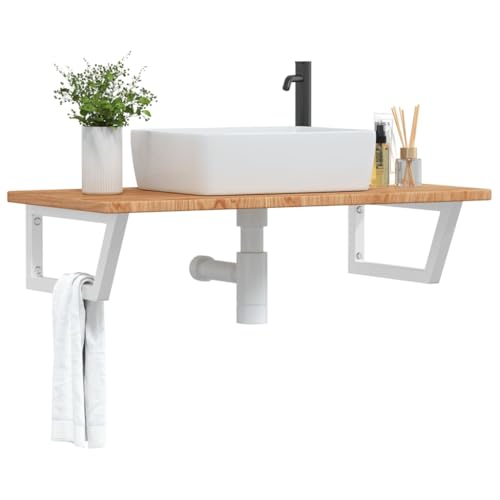 ULUYYUC Waschtischplatte mit Stahlhalterung 100x50 cm Massive Eiche Lasur Weiss Moderne schwebende Badmöbel platzsparendes Design für Badezimmer Gäste WC von ULUYYUC